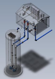 CAD model illustrating a pump station layout with detailed piping and control systems